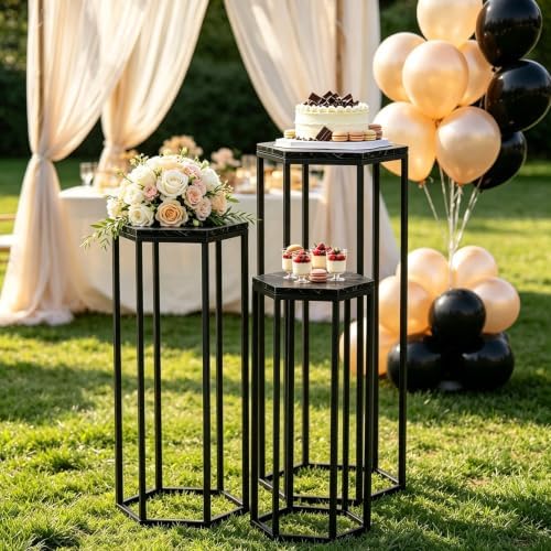 Set of 3 Black Hexagon Metal Cylinder Stands for Party in Black, alternate view 7