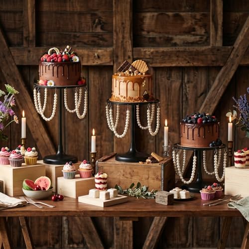 Set of 3 Black Round Pearl Cake Stand, Dessert Table Metal Cake Display Stand Set with Pearl Pendant Wedding, alternate view