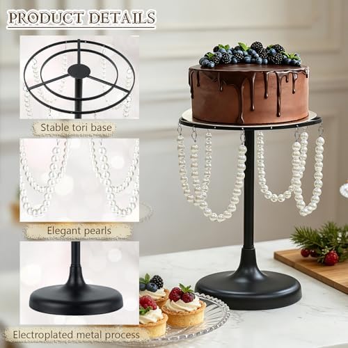 Set of 3 Black Round Pearl Cake Stand, Dessert Table Metal Cake Display Stand Set with Pearl Pendant Wedding, alternate view