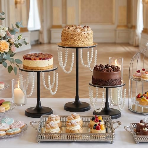 Set of 3 Black Round Pearl Cake Stand, Dessert Table Metal Cake Display Stand Set with Pearl Pendant Wedding, alternate view