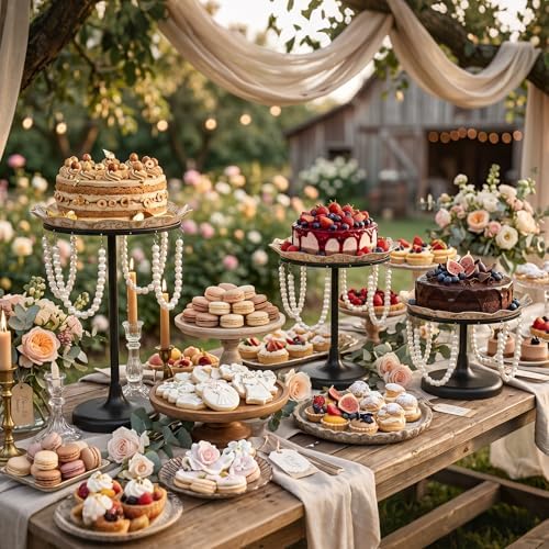 Set of 3 Black Round Pearl Cake Stand, Dessert Table Metal Cake Display Stand Set with Pearl Pendant Wedding, alternate view