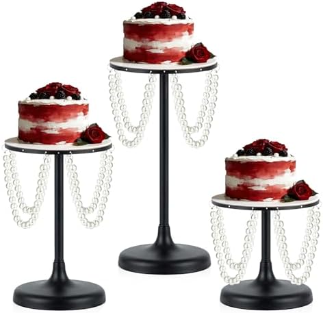 Set of 3 Black Round Pearl Cake Stand, Dessert Table Metal Cake Display Stand Set with Pearl Pendant Wedding