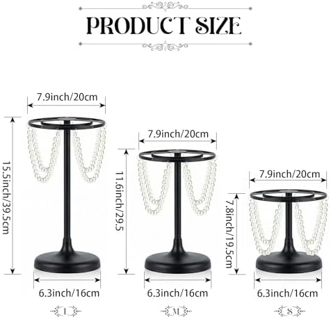 Set of 3 Black Round Pearl Cake Stand, Dessert Table Metal Cake Display Stand Set with Pearl Pendant Wedding, alternate view
