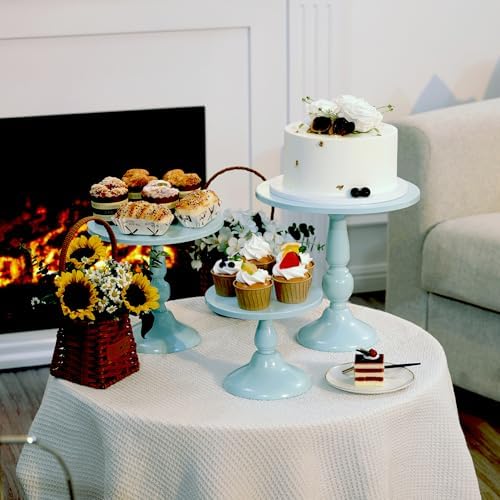 Set of 3 Blue Cake Stands, Metal Round Cake Holder Dessert Pie Pizza Display Stand 8" 10" 12" Serving Tray, alternate view 7