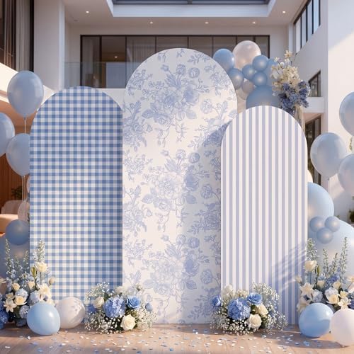 Set of 3 Blue Chinoiserie Floral Arch Backdrop Cover 4ft 5ft 6ft in 4FT 5FT 6FT in Blue, alternate view 4