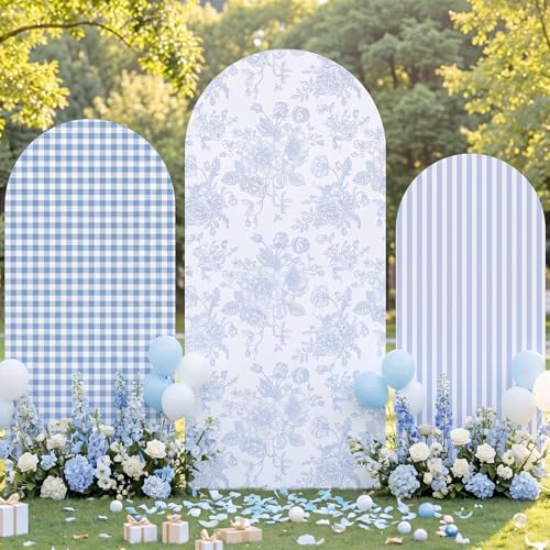 Set of 3 Blue Chinoiserie Floral Arch Backdrop Cover 4ft 5ft 6ft in 4FT 5FT 6FT in Blue, alternate view 5