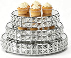 Set of 3 Chrome Plated Silver Crystal Mirror Cake Stands, 14"/12"/10" Round Decorative Trays with Replacement