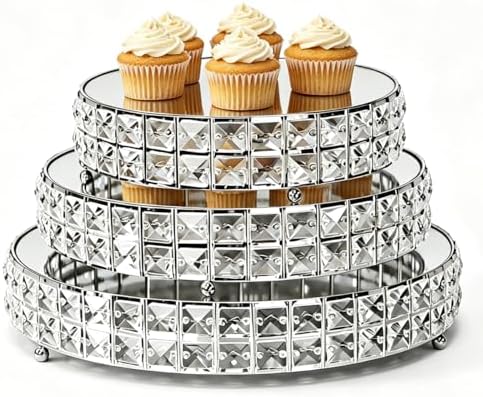 Set of 3 Chrome Plated Silver Crystal Mirror Cake Stands, 14"/12"/10" Round Decorative Trays with Replacement