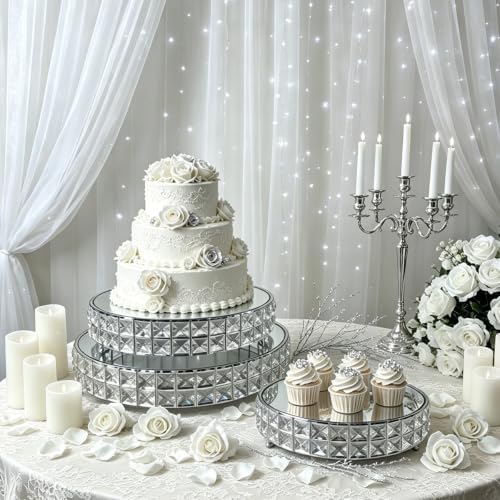 Set of 3 Chrome Plated Silver Crystal Mirror Cake Stands, 14"/12"/10" Round Decorative Trays with Replacement, alternate view