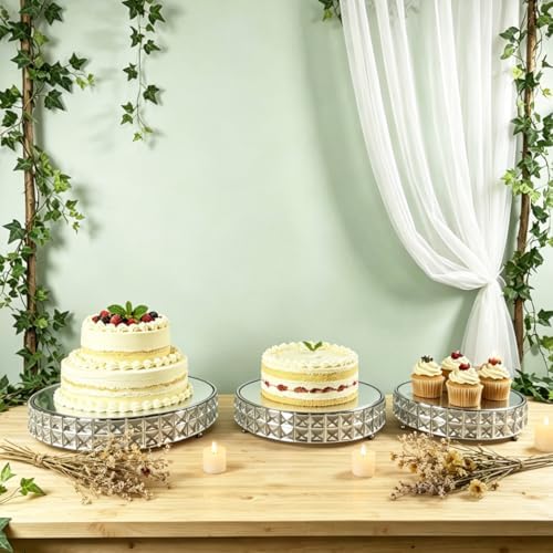 Set of 3 Chrome Plated Silver Crystal Mirror Cake Stands, 14"/12"/10" Round Decorative Trays with Replacement, alternate view