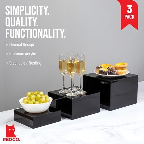 . Set of 3 Glossy Black Acrylic Cube Display Nesting Risers with Hollow Bottoms in Black, alternate view 4