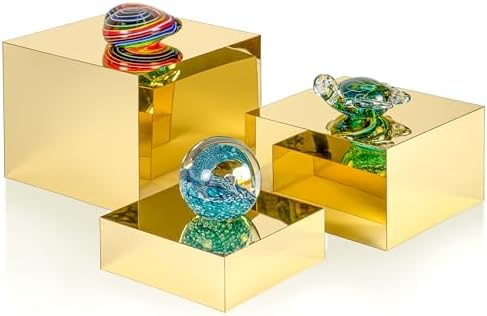 . Set of 3 Glossy Gold Acrylic Cube Display Nesting Risers with Hollow Bottoms - 2 Pack in Gold, alternate view 6