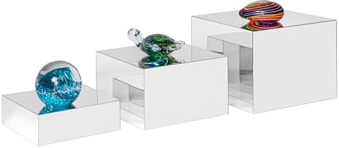. Set of 3 Glossy Silver Acrylic Cube Display Nesting Risers with Hollow Bottoms - 2 Pack in Silver, alternate view 6