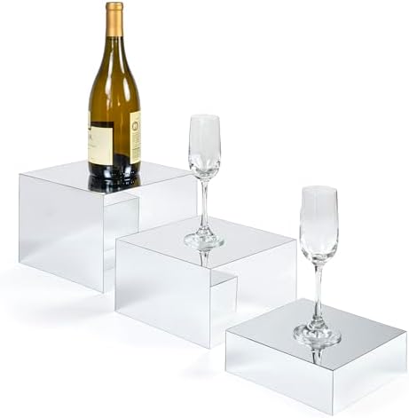 . Set of 3 Glossy Silver Acrylic Cube Display Nesting Risers with Hollow Bottoms - 2 Pack in Silver, alternate view 7