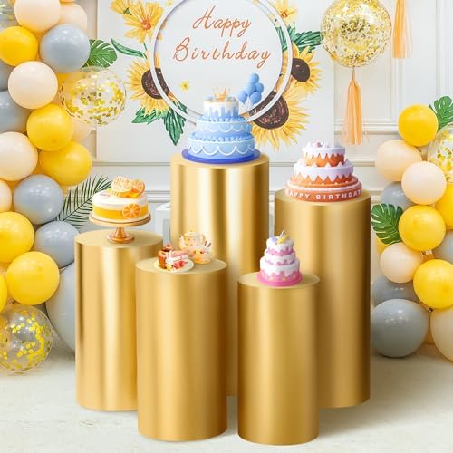 Set of 3 - Gold Cylinder Pedestal Stand Covers in Gold, alternate view 2