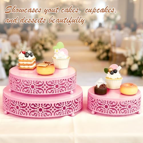 Set of 3 Pink cake stands, 8/10/12-inch round dessert display plates, stackable cupcake stands, ideal for, alternate view 5