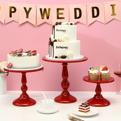 Set of 3 Red Cake Stands, Metal Round Cake Holder Dessert Pie Pizza Display Stand 8" 10" 12" Serving Tray, alternate view 5