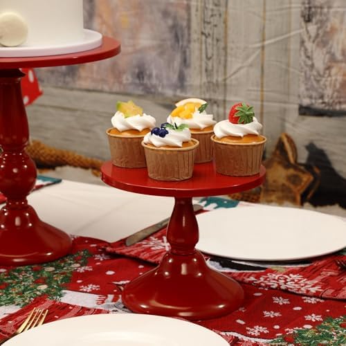 Set of 3 Red Cake Stands, Metal Round Cake Holder Dessert Pie Pizza Display Stand 8" 10" 12" Serving Tray, alternate view 6