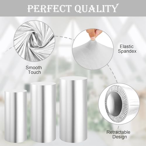 Set of 3 - Silver Cylinder Pedestal Stand Covers in Silver, alternate view 4