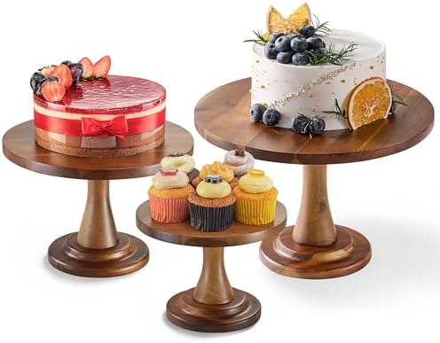 Set of 3 Size Wood Cake Stand Set, Easy To Assemble, Removable Tray in Acacia