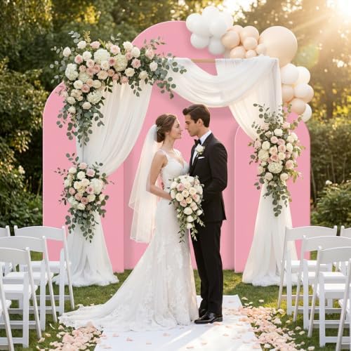 Set of 3 Wedding Arch Backdrop Stand,4+5+6 FT, Small Metal Arch Frame with 3 Pink Backdrop Covers, Easy Setup, alternate view