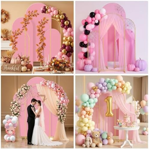 Set of 3 Wedding Arch Backdrop Stand,4+5+6 FT, Small Metal Arch Frame with 3 Pink Backdrop Covers, Easy Setup, alternate view