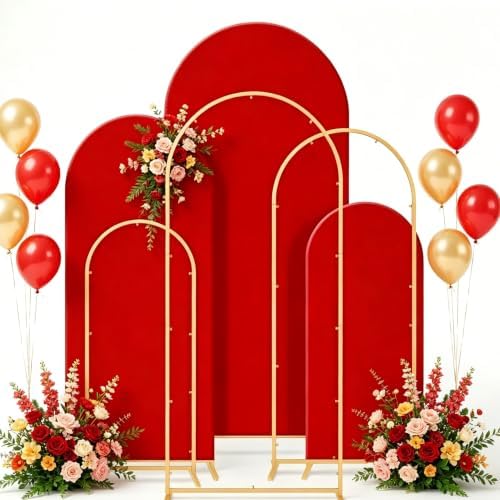 Set of 3 Wedding Arch Backdrop Stand,4+5+6 FT, Small Metal Arch Frame with 3 Red Backdrop Covers, Easy Setup for
