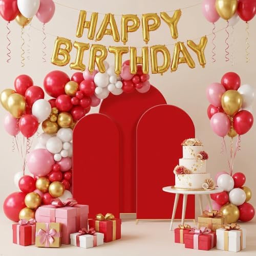 Set of 3 Wedding Arch Backdrop Stand,4+5+6 FT, Small Metal Arch Frame with 3 Red Backdrop Covers, Easy Setup for, alternate