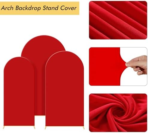 Set of 3 Wedding Arch Backdrop Stand,4+5+6 FT, Small Metal Arch Frame with 3 Red Backdrop Covers, Easy Setup for, alternate
