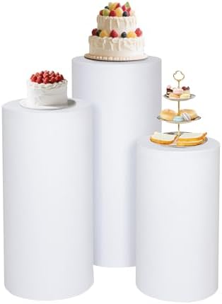 Set of 3 White Cylinder Covers for Party, Stretch Spandex Cloth in 7.2 FT in White