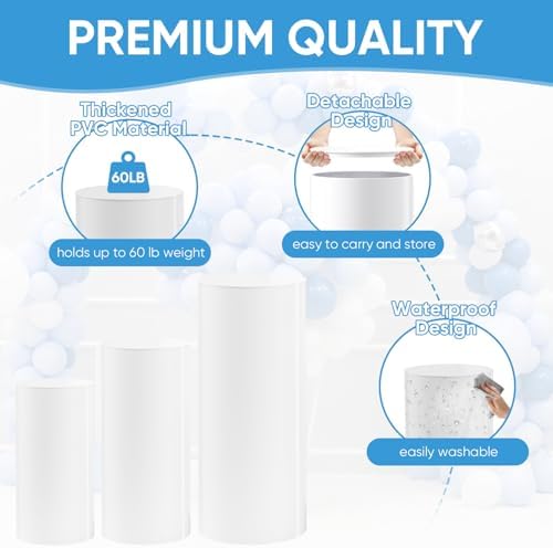 Set of 3 - White Cylinder Stands, Round PVC Pedestal Stands in White, alternate view 4
