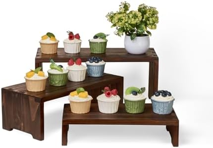 Set of 3 Wooden Rustic Cupcake Stand for 24 Cupcakes, Stepped Wood Display Stand for Weddings, Tiered Party