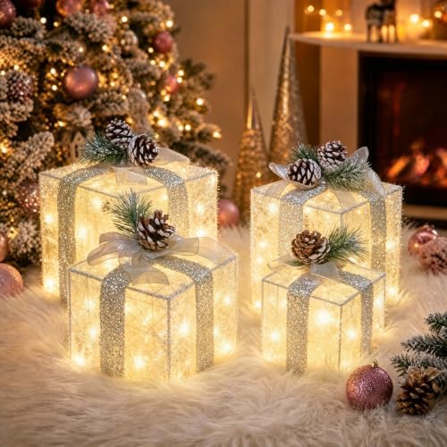 Set of 4 Christmas Lighted Gift Boxes, Battery Operated Xmas Decor in Warm White-2