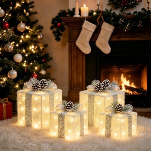 Set of 4 Christmas Lighted Gift Boxes, Battery Operated Xmas Decor in Warm White-2, alternate view 4