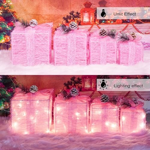 Set of 4 Christmas Lighted Gift Boxes, Pink Present Holiday Decor, alternate view 2