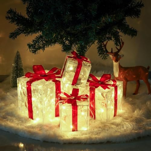 Set of 4 Christmas Lighted Gift Boxes, Red Bow Holiday Present Decorations, alternate view 5