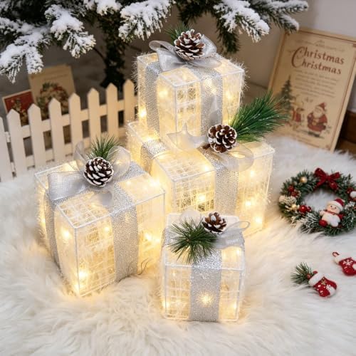 Set of 4 Christmas Lighted Gift Boxes Warm White 70 LED Pre-lit, alternate view 2