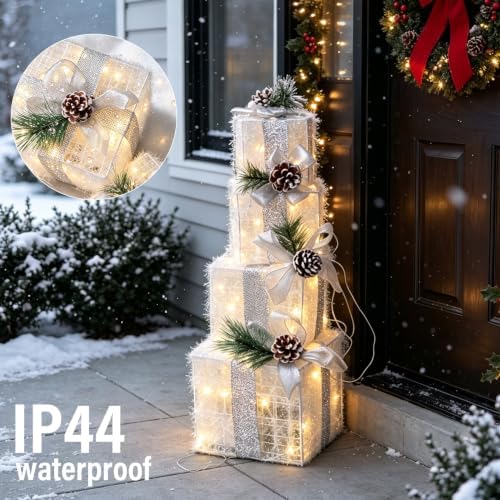 Set of 4 Christmas Lighted Gift Boxes Warm White 70 LED Pre-lit, alternate view 3