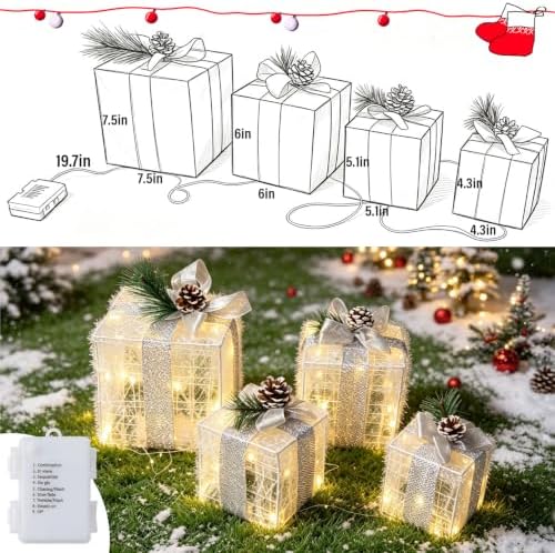 Set of 4 Christmas Lighted Gift Boxes Warm White 70 LED Pre-lit, alternate view 4