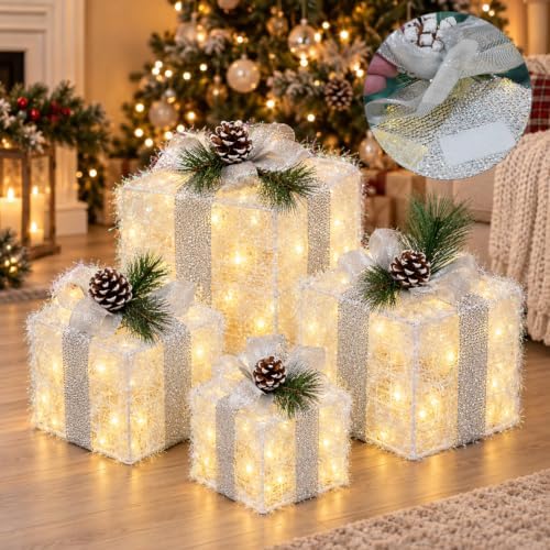 Set of 4 Christmas Lighted Gift Boxes Warm White 70 LED Pre-lit, alternate view 5