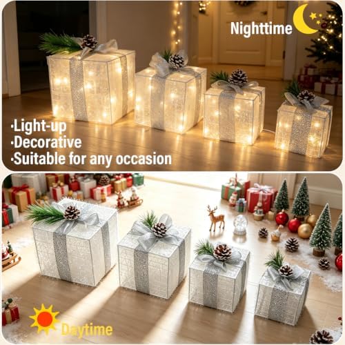 Set of 4 Christmas Lighted Gift Boxes Warm White 70 LED Pre-lit, alternate view 6