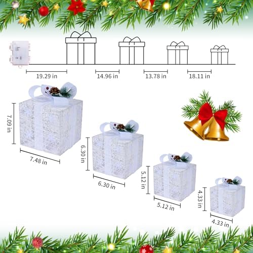 Set of 4 Christmas Lighted Gift Boxes, White Snowflake Holiday Decor, alternate view 2