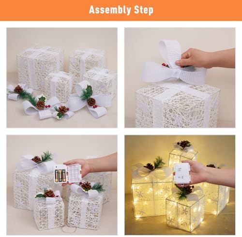 Set of 4 Christmas Lighted Gift Boxes, White Snowflake Holiday Decor, alternate view 3