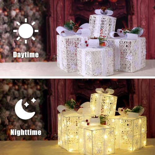 Set of 4 Christmas Lighted Gift Boxes, White Snowflake Holiday Decor, alternate view 4