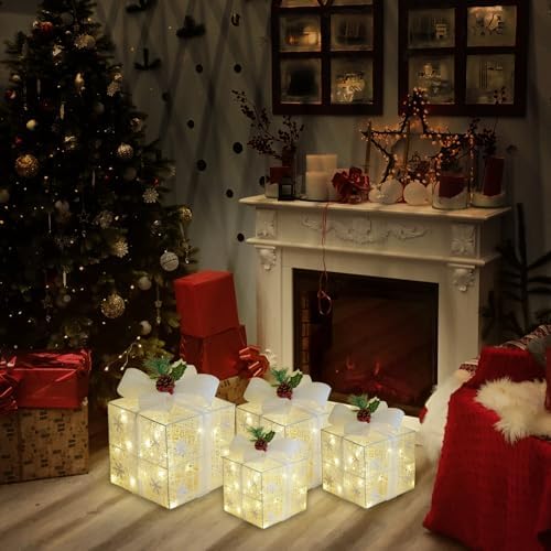 Set of 4 Christmas Lighted Gift Boxes, White Snowflake Holiday Decor, alternate view 6
