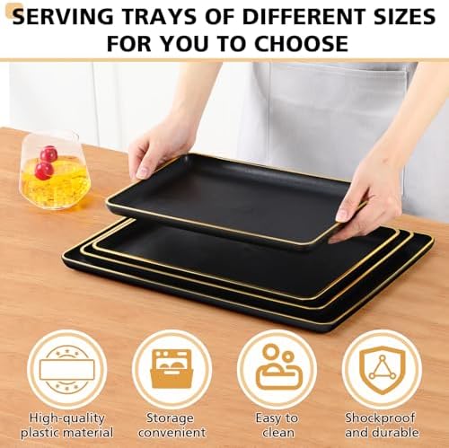 Set of 4 Large Serving Platter Set 15/14/13/12 Inch Heavy Plastic Serving Trays Unbreakable Rectangular Platter, alternate