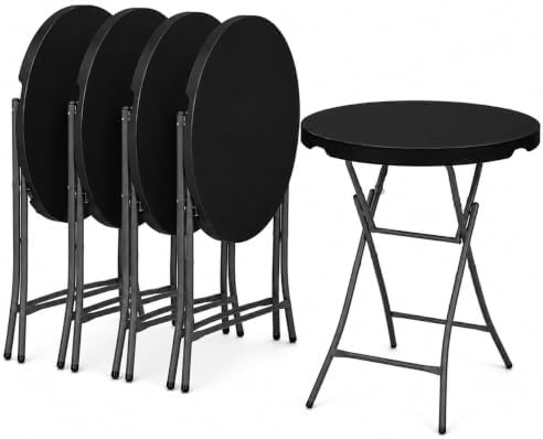 Set of 5 32 Inch Round 43 Inch Bar Height Folding Tables, Black Commercial Cocktail High Top Tables with