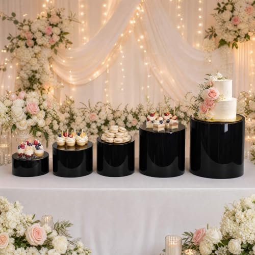 Set of 5 Acrylic Cake Stands 8.5", 9", 10", 11", 12" Round Cylinder Design Black - Display Risers for Weddings