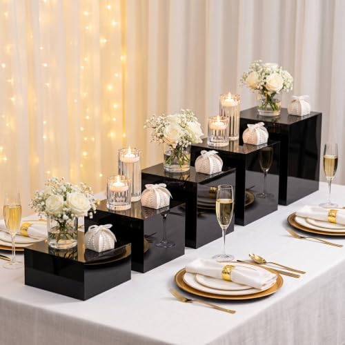 Set of 5 Black Acrylic Cake Risers, Square Dessert Display Stands for Buffets & Events - 4"-12" Tall x 8.5"-12", alternate