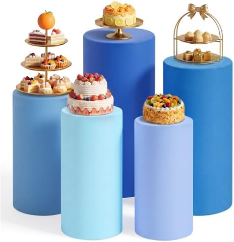Set of 5 Blue Cylinder Stand Covers, Spandex Pedestal Stand in Blue Color